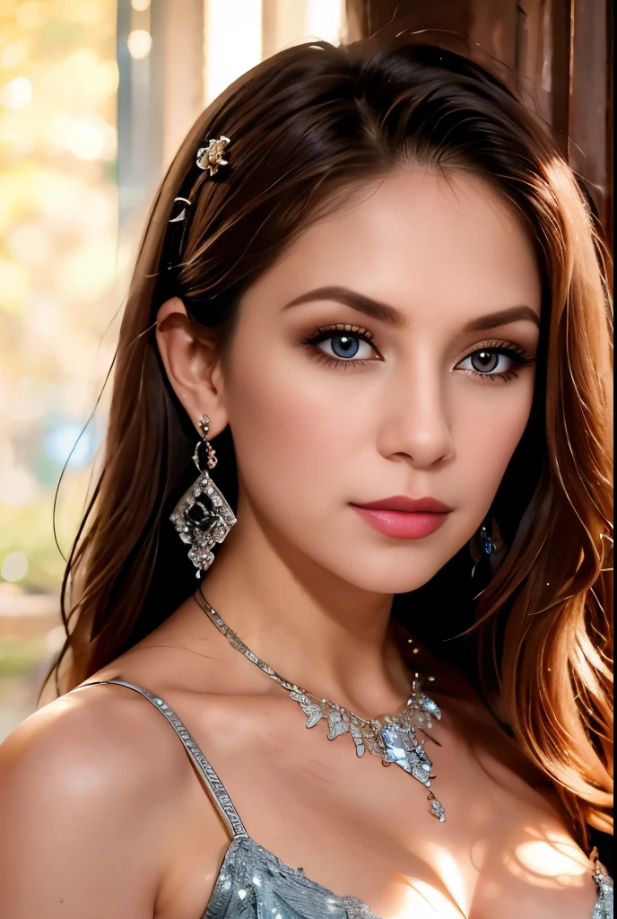 (masterpiece, Best Quality), intricate details, realist, photorealist, Full Body Portrait, Instagram Photo of a woman wearing aretes, Mary R., inspired by Emma Andijewska, wrapped in crystals, silver color, long aretes, sandra chevier, huge earrings, 2019, Blue-eyed, platinum jewelry, arete, impeccable structure, silver arete,  