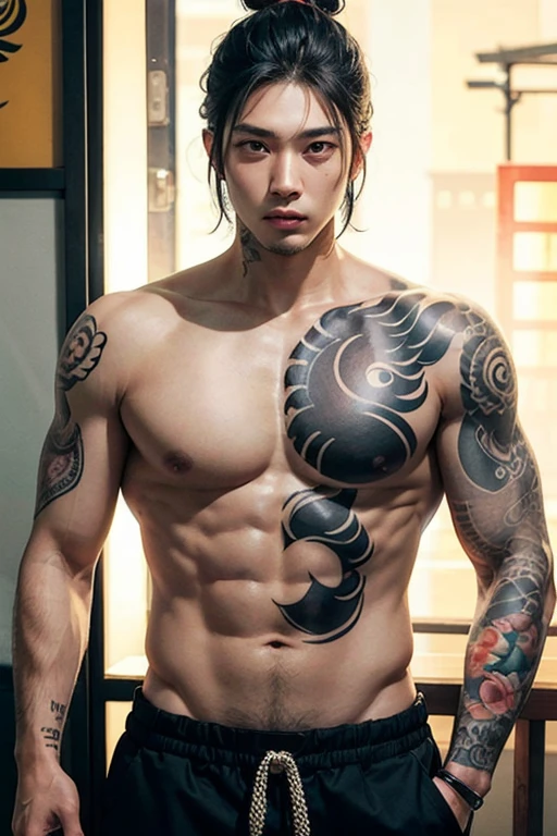 Young Asian man with short curly hair with yakuza tattoos all over his body