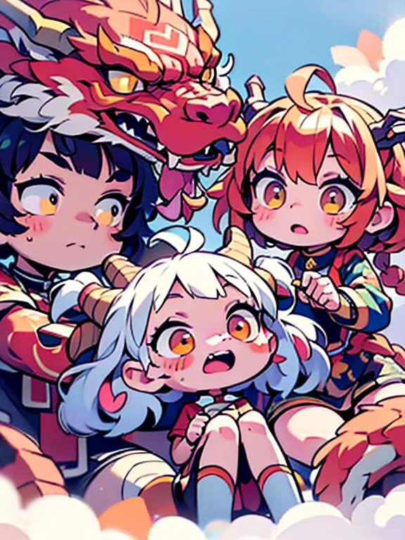 various Chibi girls surrounded by Dragons, panic face🎈🍦🍹❤(