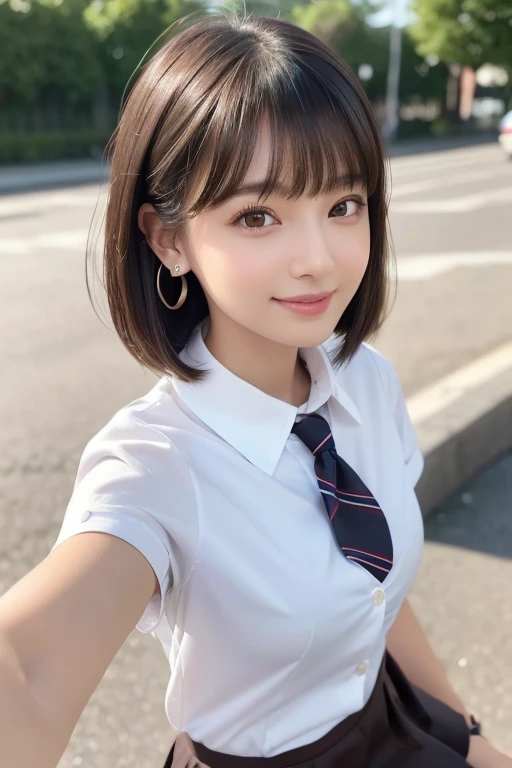 girl, White skin, ((Dark brown short tiered hair)), (Dark brown short hair),V cut with layers and bangs, Brown eyes, Soft atmosphere characteristics (Highest quality, Ultra-high resolution, 8k, RAW Photos, Ultra-high resolution: 1.2, masterpiece: 1.3), (Realistic, Realistic: 1.37), Very detailed, Professional Lighting, Photon Mapping, Radio City, 物理ベースレンダring, One Girl, (high school girl), Sharp focus:1.2、Beautiful woman:1.4,cute, Nice,(Adorable smile:1.2), Normal chest, Cross Necklace、Earrings、ring,(Cleavage)、(((school uniform, collared shirts, white shirts, short sleeve, tie, short skirt,( Looking at viewer:1.1),(corridor:1.1))),(Selfie:1.1)