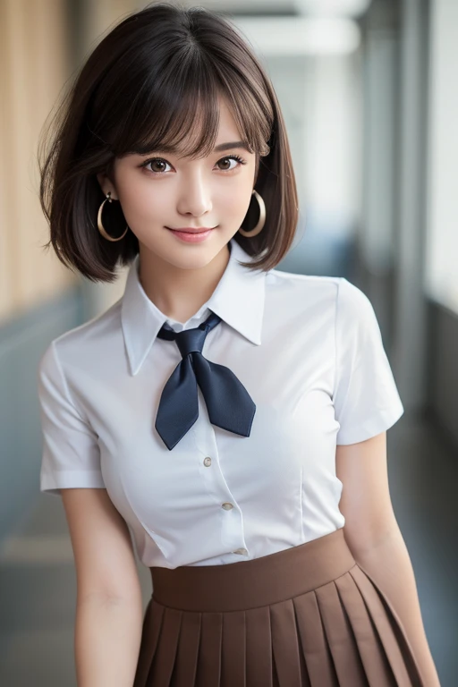 girl, White skin, ((Dark brown short tiered hair)), (Dark brown short hair),V cut with layers and bangs, Brown eyes, Soft atmosphere characteristics (Highest quality, Ultra-high resolution, 8k, RAW Photos, Ultra-high resolution: 1.2, masterpiece: 1.3), (Realistic, Realistic: 1.37), Very detailed, Professional Lighting, Photon Mapping, Radio City, 物理ベースレンダring, One Girl, (high school girl), Sharp focus:1.2、Beautiful woman:1.4,cute, Nice,(Adorable smile:1.2), Normal chest, Cross Necklace、Earrings、ring,(Cleavage)、(((school uniform, collared shirts, white shirts, short sleeve, tie, short skirt,( Looking at viewer:1.1),(corridor:1.1))),(Selfie:1.1)