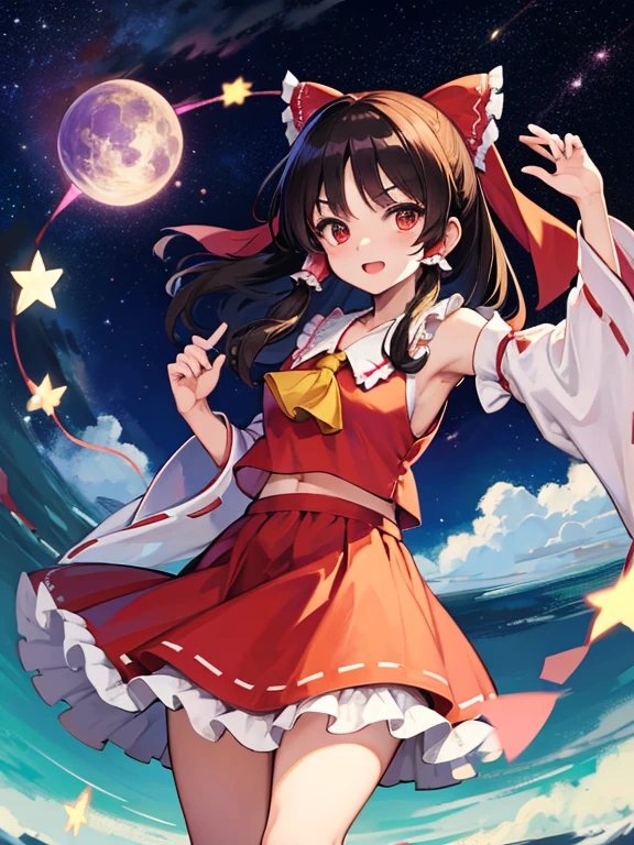 Reimu Hakurei (Touhou) flying in a starry sky while in the background is seen a far beautiful landscape, shrine maiden, highly detailed, 4k quality, ribbon, cold colors