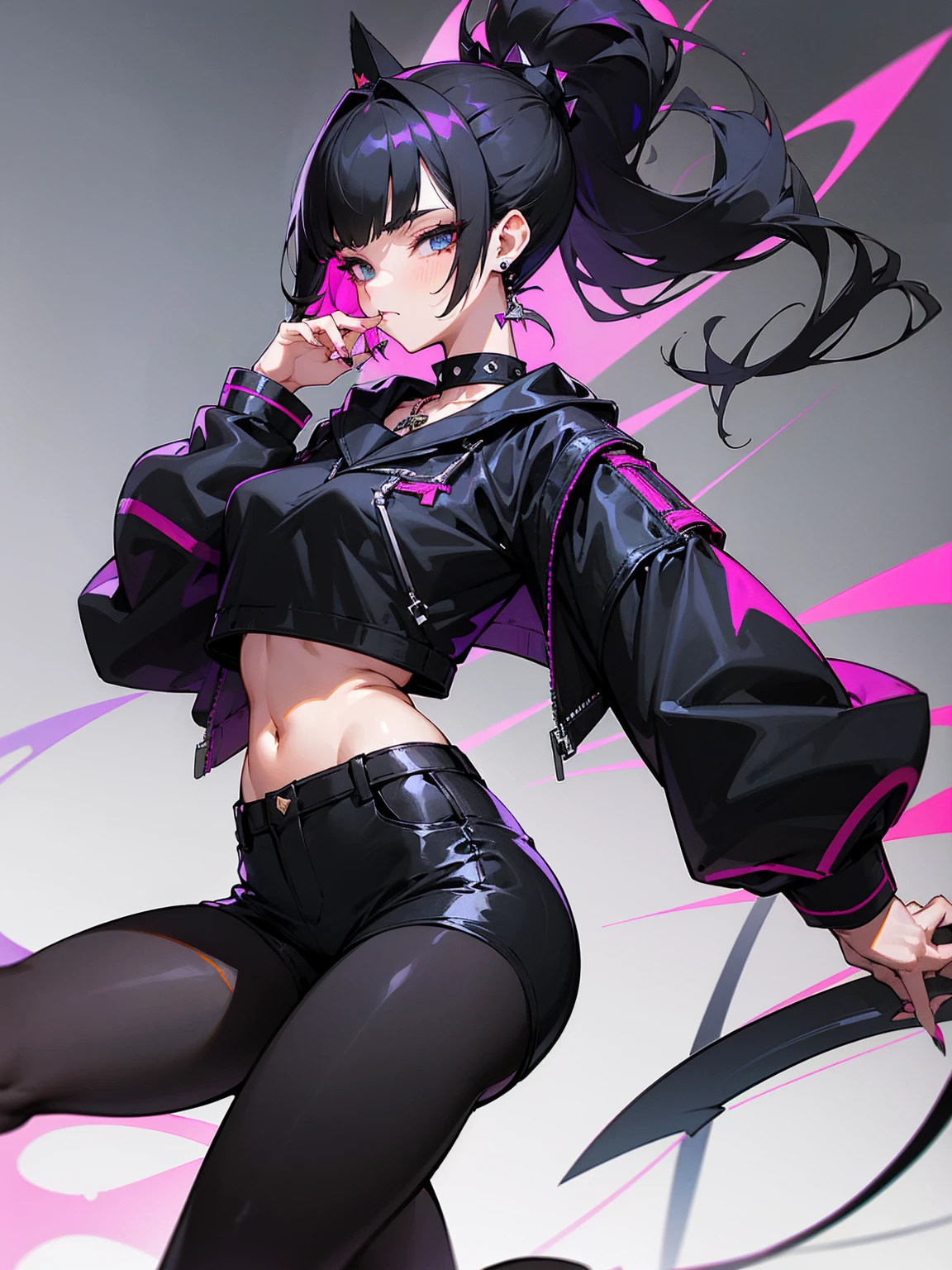 ((Long Straight Black hair)), Perfect face, Choker, Punk earrings, ((Tall)), ((High Quality)), Necklace, ((Mature)), Pretty Eyes, Sharp Nails, Bangs, ((1 Girl)), ((Multiple Earrings)), 1 girl, Spiky Earrings, Adult, Spiked Collar, Thin Eyelashes, Black Background, Long Tail, Large Tail, Shark Tail, ((Short Pants)), ((Long Sleeve Crop Top)), Close Up, Tall, Long Legs, ((Dynamic Pose)), Black Tail, 2 moles under left eye, Pantyhose, Vibrant Colors, Close Up, Sexy, Suggestive, Sexually Suggestive, Thick, Thick Body, Skinny, Black Thigh Highs, Teasing, Ponytail, Slender Body, Stylish,
