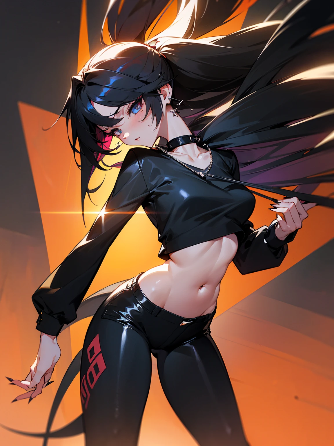 ((Long Straight Black hair)), Perfect face, Choker, Punk earrings, ((Tall)), ((High Quality)), Necklace, ((Mature)), Pretty Eyes, Sharp Nails, Bangs, ((1 Girl)), ((Multiple Earrings)), 1 girl, Spiky Earrings, Adult, Spiked Collar, Thin Eyelashes, Black Background, Long Tail, Large Tail, Shark Tail, ((Short Pants)), ((Long Sleeve Crop Top)), Close Up, Tall, Long Legs, ((Dynamic Pose)), Black Tail, 2 moles under left eye, Pantyhose, Vibrant Colors, Close Up, Sexy, Suggestive, Sexually Suggestive, Thick, Thick Body, Skinny, Black Thigh Highs, Teasing, Ponytail, Slender Body, Stylish,