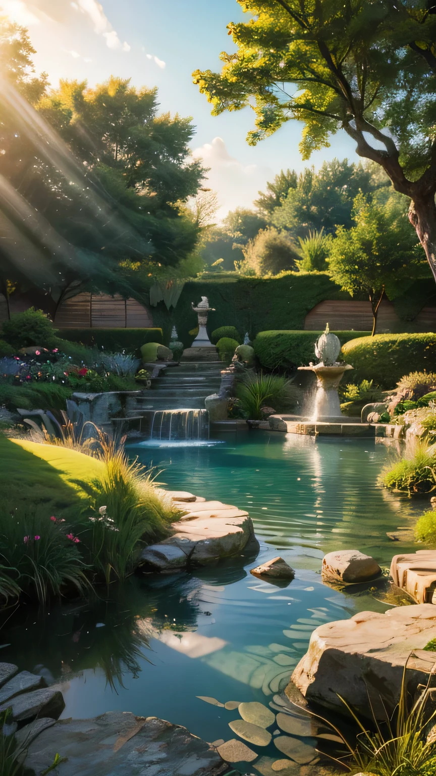 fairytale ornamented fantasy garden,sunrise and sunbeams,hazy and misty,fountains pools insects plants flowers shrubs trees moss lawns grass,extreme details,photorealistic,4k,HD,beautiful,nature,