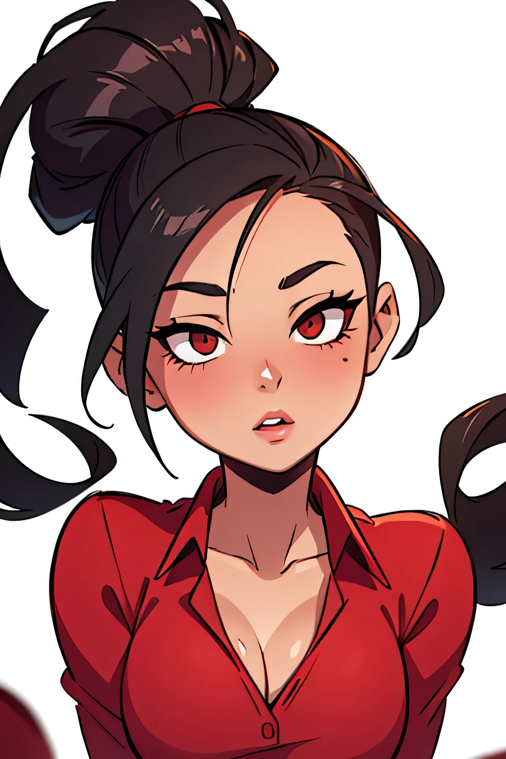 Amazing portrait of a sexy woman with her hair tied back in a high bun with her eyes emphasised by smokey eyeliner gazing at us seductively with her perfect lips parted wearing a red dress with black laces and fishnets