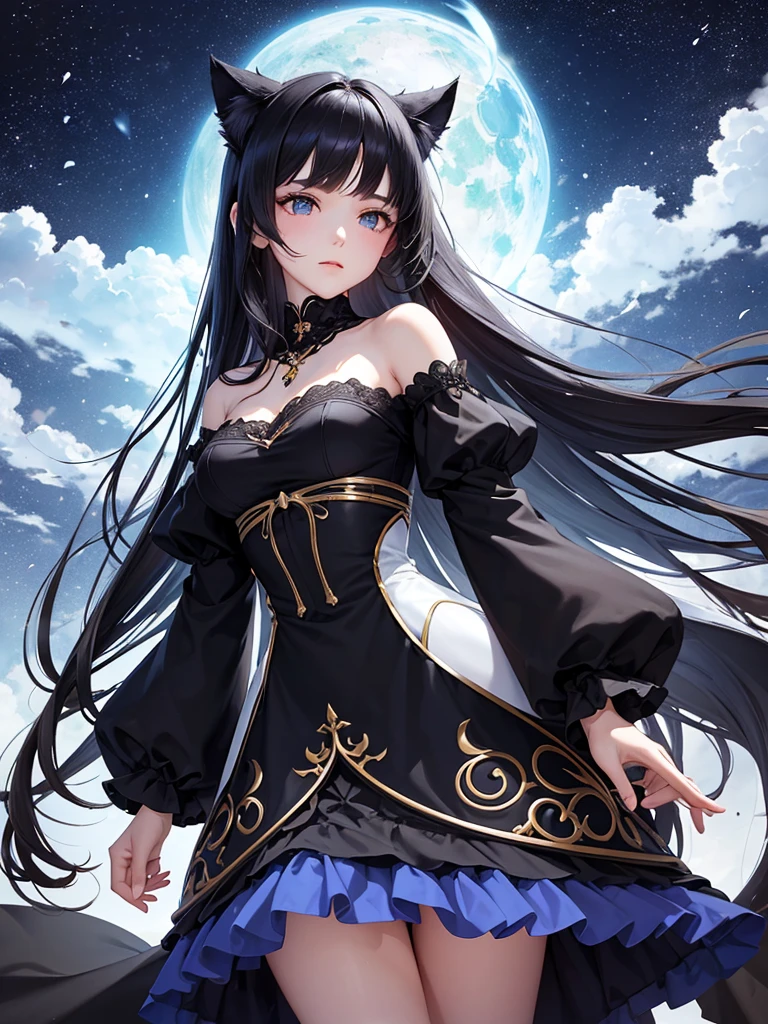 A delicate, graceful young woman with long, flowing, straight black hair and cat ears. She wears an intricately patterned blue mini-skirt dress with off-the-shoulder sleeves and a fitted bodice. The background is a dreamy night sky with petals floating in the air, a fantastic and ethereal atmosphere. Her expression is gentle, enchanting, and slightly fantastical, and the angle is from below.