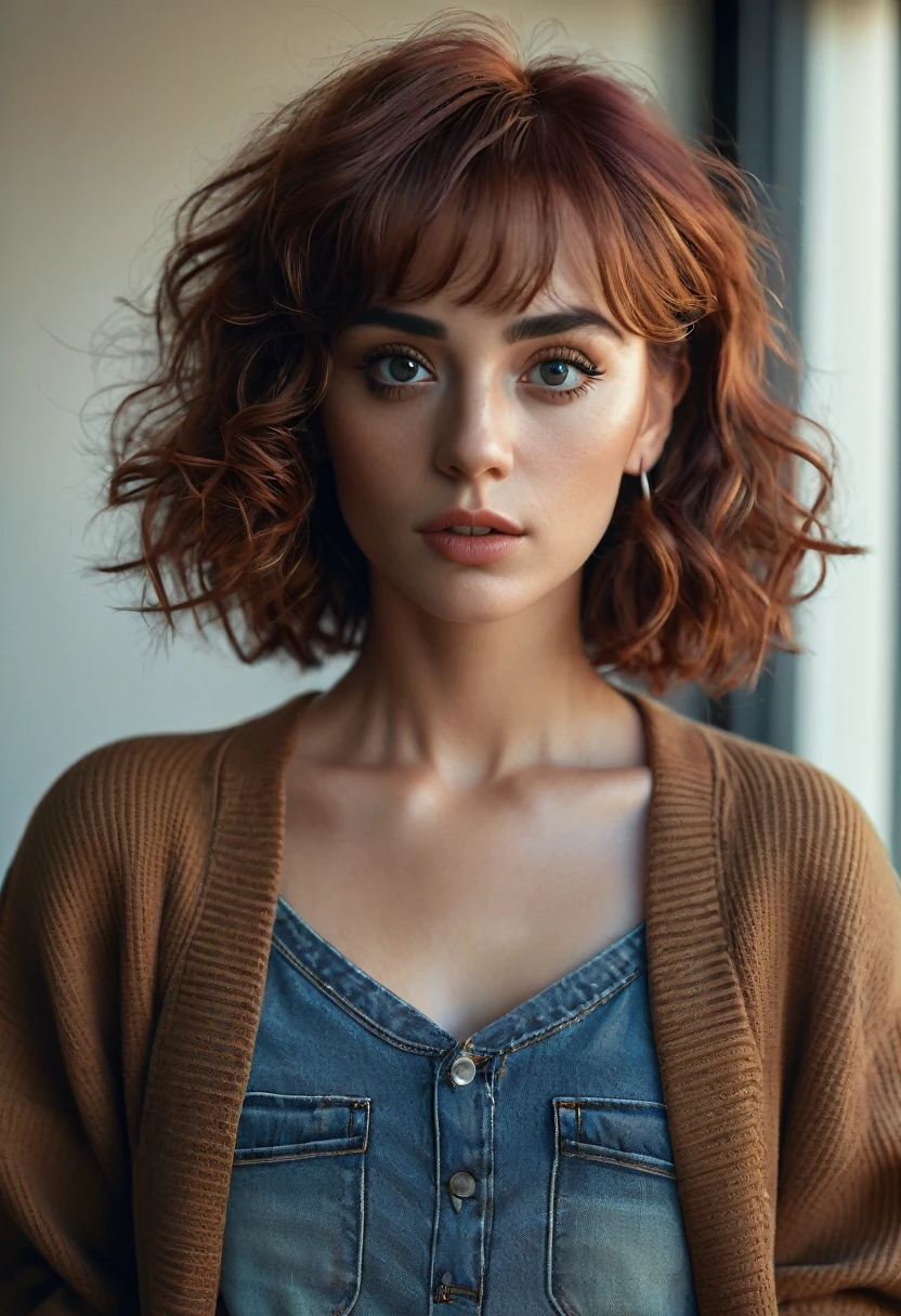 (best qualityer, 4K, high resolution, high resolution face details), illustration, style of Philip Lorca diCorcia, cinematic film still portrait of a 35 year old girl, 1 girl, standing alone, instagram model, athletic figure, skin tanned, perfect lips, False eyelashes, modest bust size, Face pretty, wearing a brown sweater , wearing denim shorts, Red hair, short curly hair, cross bangs, eyes browns, constricted pupils,  hoop earings, cinematic lighting, ultra-wide angle, Canon, Hyper-Realism, ultra HD, texturized skin, High details, best qualityer, detailedeyes, detailed iris, Full-body image
