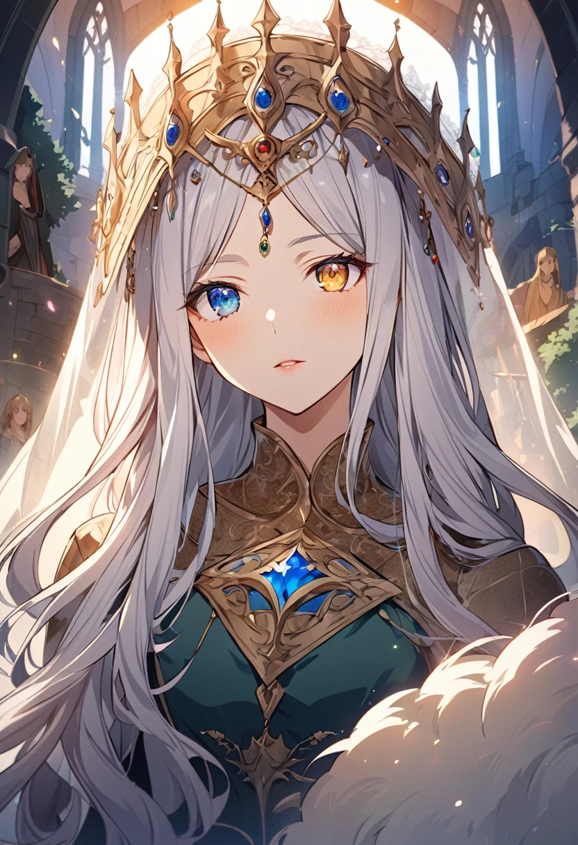 sakimiChanStyle, Urop Style, Portraiture, Detailed painted face, Beautiful woman, Fuller lips, Opaque Veil, Medieval Veil, Head rail, 12th century, Eyes with heterochromia, Rainbow Eyes, Medieval costume, Brot, Lord of the Rings Gown, Near perfect, Beautiful anime style, Character Panorama, Beautiful and detailed face, Shining Shadow, Beautiful gradation, Depth of written boundary, Beautiful graphics, high quality, Attention to detail, High resolution, Luminous Studio Graphics Engine