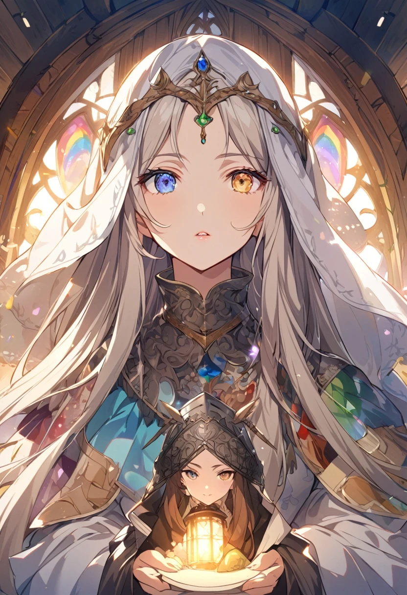 sakimiChanStyle, Urop Style, Portraiture, Detailed painted face, Beautiful woman, Fuller lips, Opaque Veil, Medieval Veil, Head rail, 12th century, Eyes with heterochromia, Rainbow Eyes, Medieval costume, Brot, Lord of the Rings Gown, Near perfect, Beautiful anime style, Character Panorama, Beautiful and detailed face, Shining Shadow, Beautiful gradation, Depth of written boundary, Beautiful graphics, high quality, Attention to detail, High resolution, Luminous Studio Graphics Engine