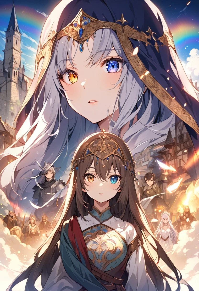 sakimiChanStyle, Urop Style, Portraiture, Detailed painted face, Beautiful woman, Fuller lips, Opaque Veil, Medieval Veil, Head rail, 12th century, Eyes with heterochromia, Rainbow Eyes, Medieval costume, Brot, Lord of the Rings Gown, Near perfect, Beautiful anime style, Character Panorama, Beautiful and detailed face, Shining Shadow, Beautiful gradation, Depth of written boundary, Beautiful graphics, high quality, Attention to detail, High resolution, Luminous Studio Graphics Engine