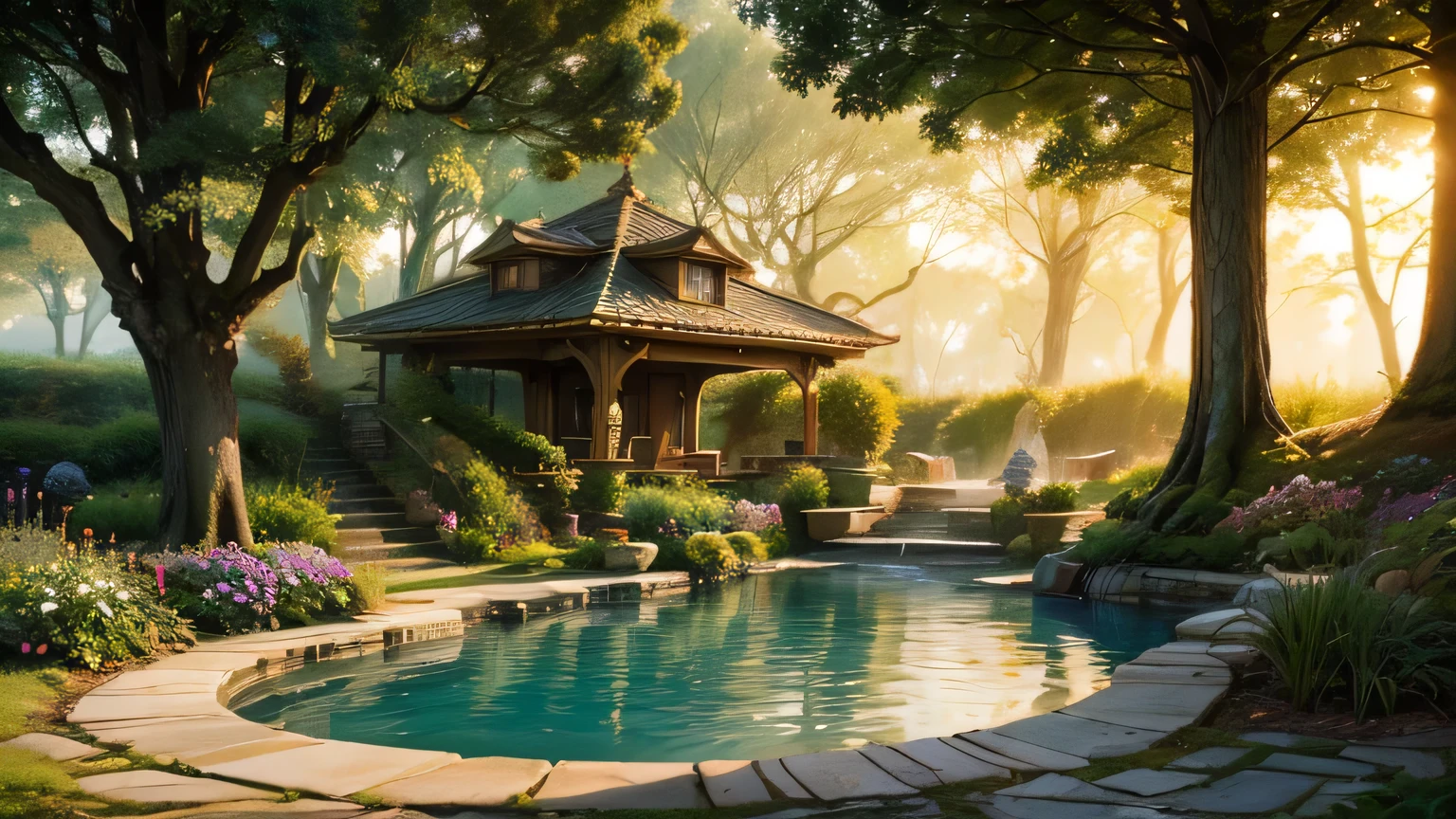 fairytale ornamented fantasy garden,sunrise and sunbeams,hazy and misty,fountains pools insects plants flowers shrubs trees moss lawns grass,extreme details,photorealistic,4k,HD,beautiful,nature,