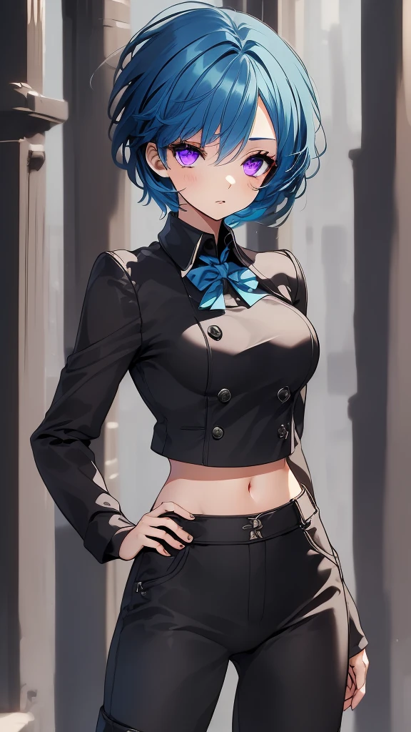 Charecters Hjk HJK Fasion Girl with short hair, blue hair, purple eyes, medium bust, medium hips.