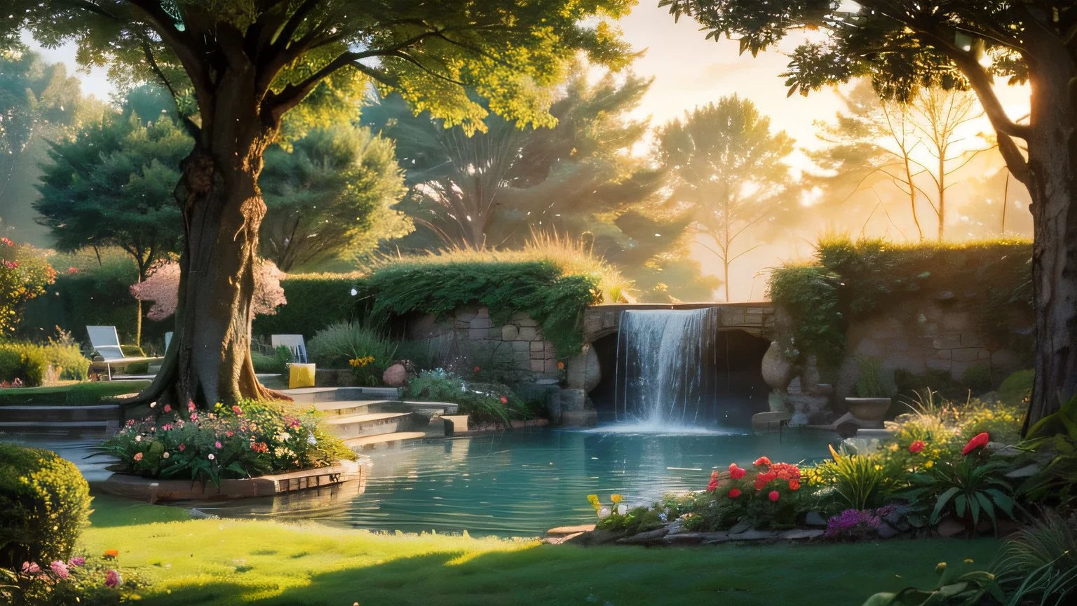 fairytale ornamented fantasy garden,sunrise and sunbeams,hazy and misty,fountains pools insects plants flowers shrubs trees moss lawns grass,extreme details,photorealistic,4k,HD,beautiful,nature,