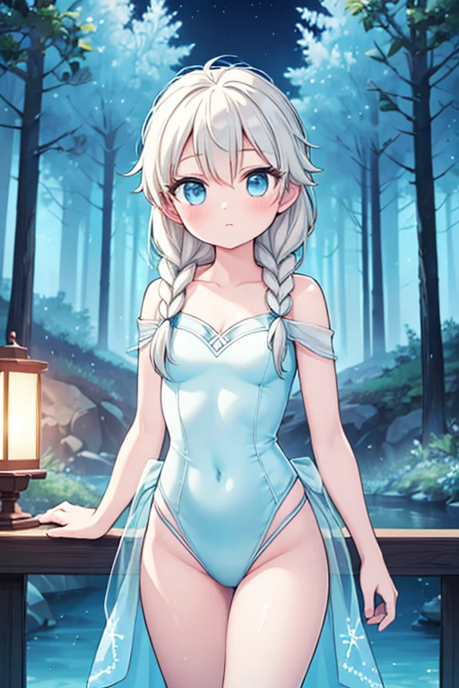(best qualityer, work of art), 1 girl, gazing at viewer, frozen, Elsa, Light blue swimsuit, the setting is a forest at night