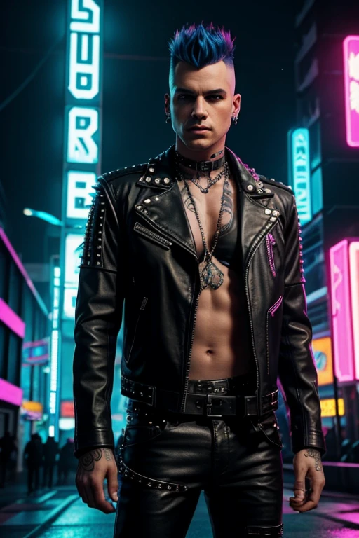 An image of a punk with a mohawk, dressed in a leather jacket with studs, in a futuristic style. The punk is standing against the backdrop of a sci-fi city with neon lights and cyberpunk elements. In the top right corner, the image features a bright, striking inscription 'НАУЧПАНК' in Russian, styled in cyberpunk with neon colors.