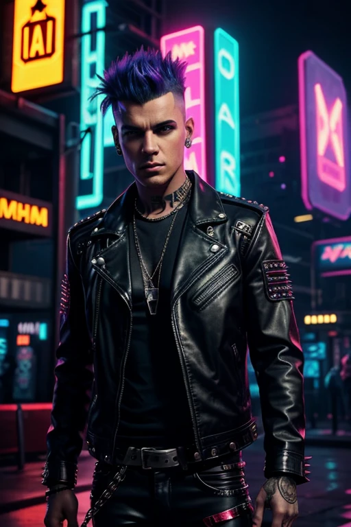 An image of a punk with a mohawk, dressed in a leather jacket with studs, in a futuristic style. The punk is standing against the backdrop of a sci-fi city with neon lights and cyberpunk elements. In the top right corner, the image features a bright, striking inscription 'НАУЧПАНК' in Russian, styled in cyberpunk with neon colors.