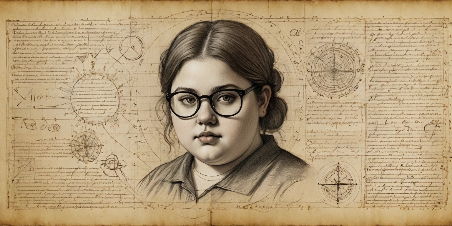 Portrait of a chubby girl with glasses, drawn on paper,sketch,old parchment,pencil sketch,Stereoscopic light and shadow,Exhaustive Symbols,Annotated Mathematical Formulas, alchemical signs and tables, image of a girl to the right of the center of the picture,
(Detailed instructions and explanations, text), documentation,Rich and delicate strokes,