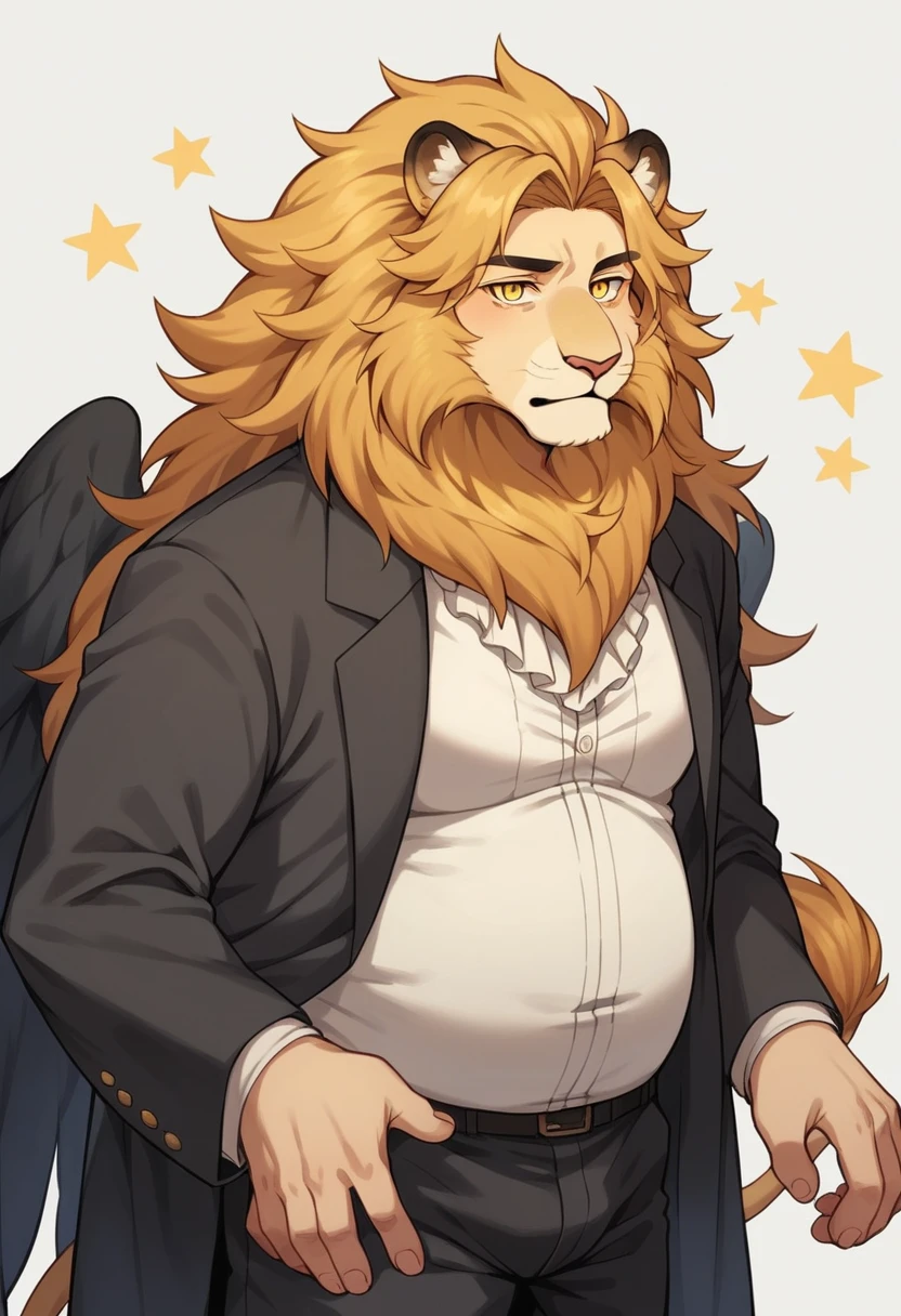 (masterpiece:1.2, best quality), 1youngman, solo, black long hair, yellow eyes, star shaped iris, ((chubby:1.2, stocky:1.1)), fair skin, elegant, soft esthetic, gentle eyes, drooping black fox ears, black wings on his back, long, lion tail.