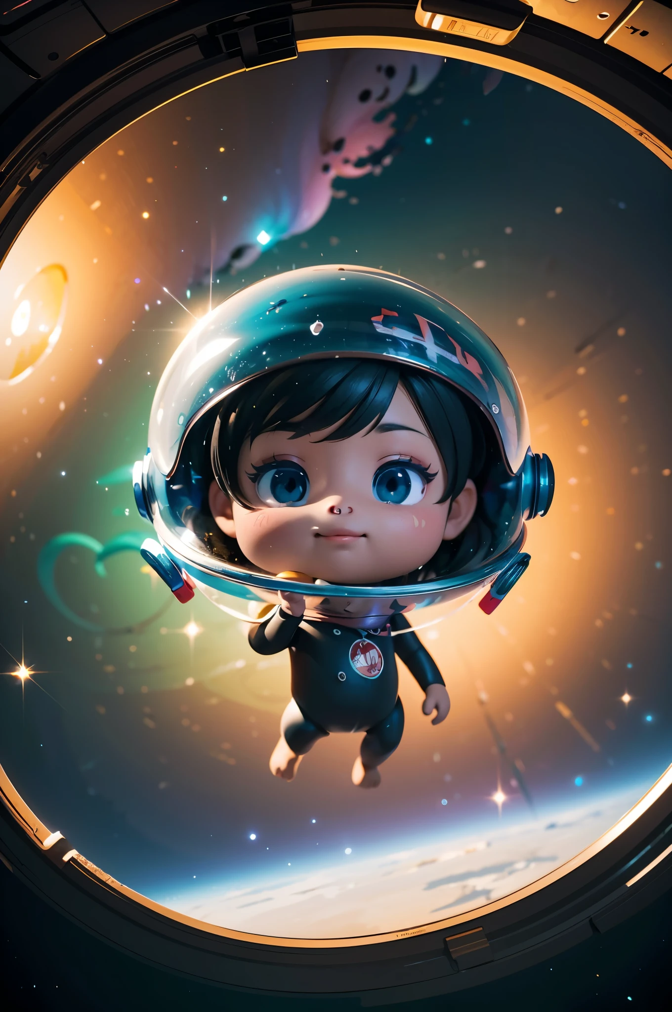 Chibi adorable cuddly monkey floating in space, wearing a glass helmet, moody, grainy, noisy, concept art, by Alberto Seveso, Cyril Rolando, Dan Mumford, Meaningful Visual Art, Detailed Painting, Digital Illustration, Unreal Engine 5, 32k maximalist, hyperdetailed fantasy art, 3d digital art, sharp focus, masterpiece, fine art