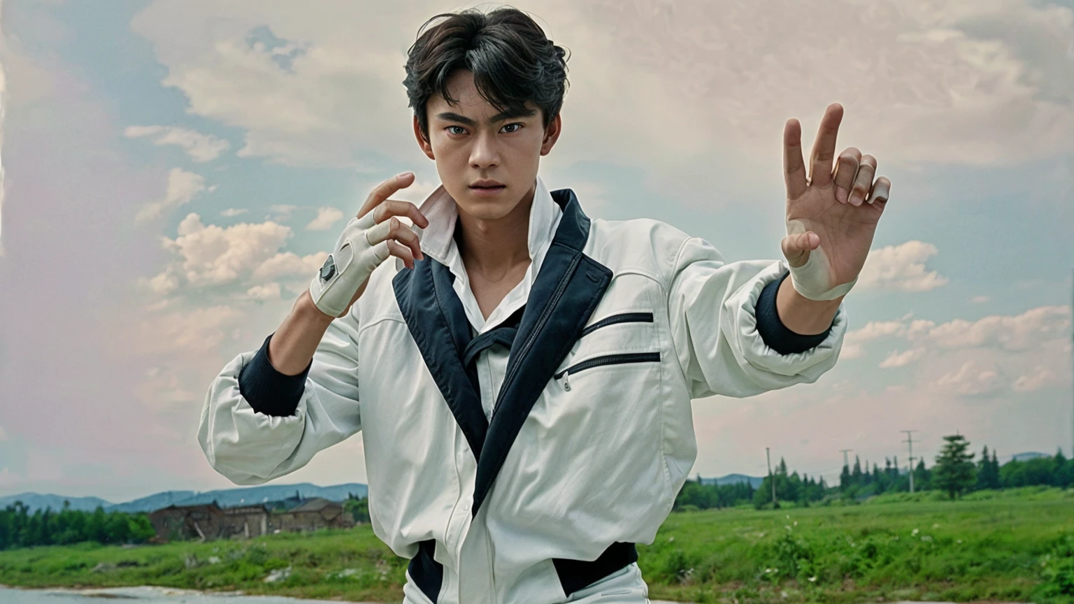 (8k, Highest quality, masterpiece:1.2),(Highest quality:1.0), (超High resolution:2.0)、High resolution, (Realistic:1.4), High resolution, White jacket,Black inner shirt、 One male、Black hair、Cool expression、White fingerless gloves、 Action movie stills, Movie action stills, , In combat mode, Movie action scene、 Skin Texture, Very detailed, 超High resolutionのリアルなSkin Texture, Dramatic lighting、Black Background,