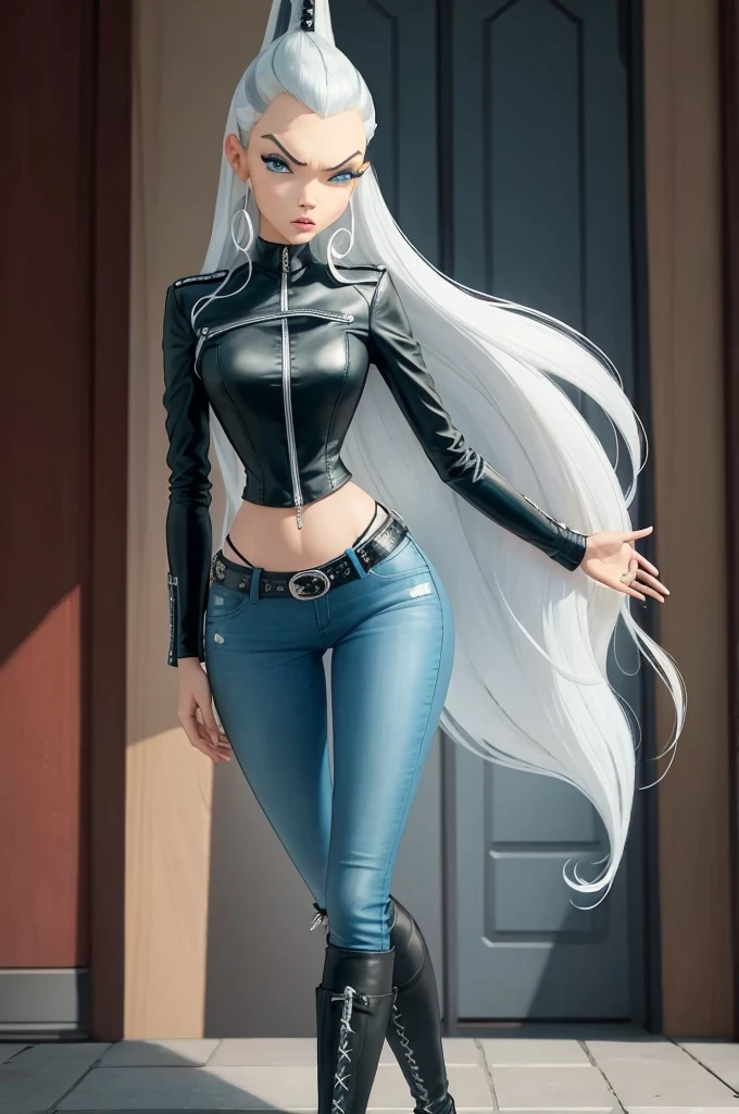 ​masterpiece, best quality, Ultra-detail, Illustration, 1 girl, icywinx, alone, very long hair, black open leather jacket, Jeans, belt, Creolen, navel, Fantasies, leather boots, spread legs, hochnäsiger Blick, closed mouth, Fantasies worlds, Komposition,  