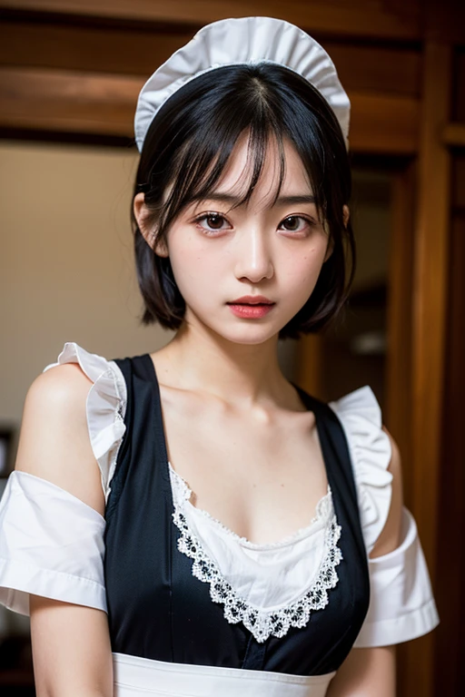 (1 nogizaka girl,ager,RAW Photos,Photorealistic:1.5),(最high quality, high quality,High resolution, 最high quality,ultra High resolutionolution,High resolutionolution,High resolution,超High resolution,Large file size,8k,2k wallpaper,8k wallpaper,high quality texture,wonderful,Very delicate:1.4),one girl, Famous idols of Japan,Beautiful Face,Small face,Absurd,Ridiculous,incredibly Ridiculous,Portraiture,Chest close-up,Blurred Background,(Maid clothes,Natural Makeup:1.3),Medium skin,Beautiful Skin,Small Head,Black Hair,Silky Hair,(Japan's Eyes:1.3),Iris,Japanese idol eyes,Japanese Nose,(eyebrow:-0.5),(Particles of light, Lens flare, Luminous Particles: 0.7),View your viewers,Bright lighting,Professional Lighting,girl