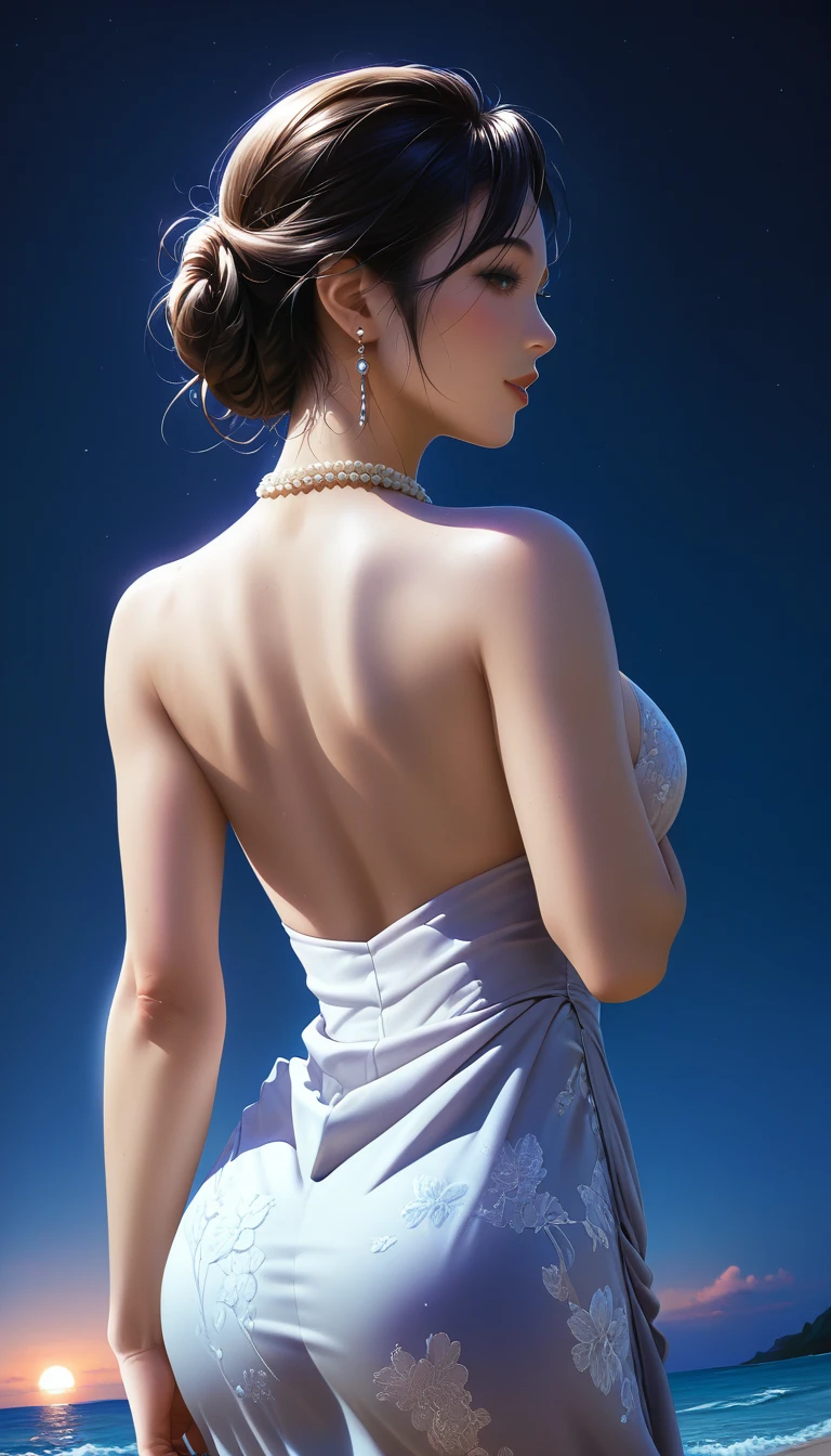 score_9, score_8_superior, score_7_superior, Masterpieces with up to 16K resolution,Highest quality,it is really amazing,Very detailed,Ultra-high resolution,(Ultra-realistic:1.1),(Realistic:1.1),Increased depth of field,Cinematic lighting,
Elegant Japanese MILF,
Long black hair,Ultra-detailed and beautiful faces,Translucent white skin,Very detailedな肌,
(Elegant white swimsuit:1.1),
Bold design,Artistic design,Beautiful and detailed pattern,Detailed fabric texture,
Gorgeous necklace,Earrings,
(Bali Beach:1.1),(Dark beach at night:1.1),(Deserted beach:1.1),(A pitch black night sky with dark clouds:1.1),
(Beautiful back view:1.1),