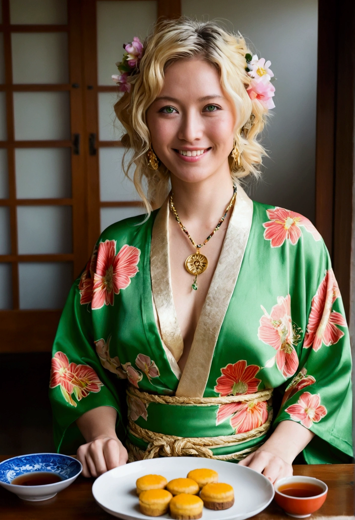 Woman, German, europeu, age 25, wavy and tied solar blonde hair, clear green eyes, with gold necklaces, wearing a torn and holey floral kimono, sorrindo ao lado de Woman, Japanese, 20 year, Bblack hair, eyes browns, wearing silver necklace, com um kimono floral queimado e furado em uma casa de chá tipica Japanese em 1945, with cakes and tea on a table, both smiling