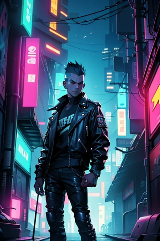 An image of a punk with a mohawk, dressed in a leather jacket with studs, in a futuristic style. The punk is standing against the backdrop of a sci-fi city with neon lights and cyberpunk elements. In the top right corner, the image features a bright, striking inscription 'НАУЧПАНК' in Russian, styled in cyberpunk with neon colors.