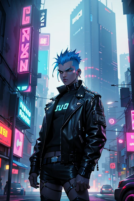 An image of a punk with a mohawk, dressed in a leather jacket with studs, in a futuristic style. The punk is standing against the backdrop of a sci-fi city with neon lights and cyberpunk elements. In the top right corner, the image features a bright, striking inscription 'НАУЧПАНК' in Russian, styled in cyberpunk with neon colors.