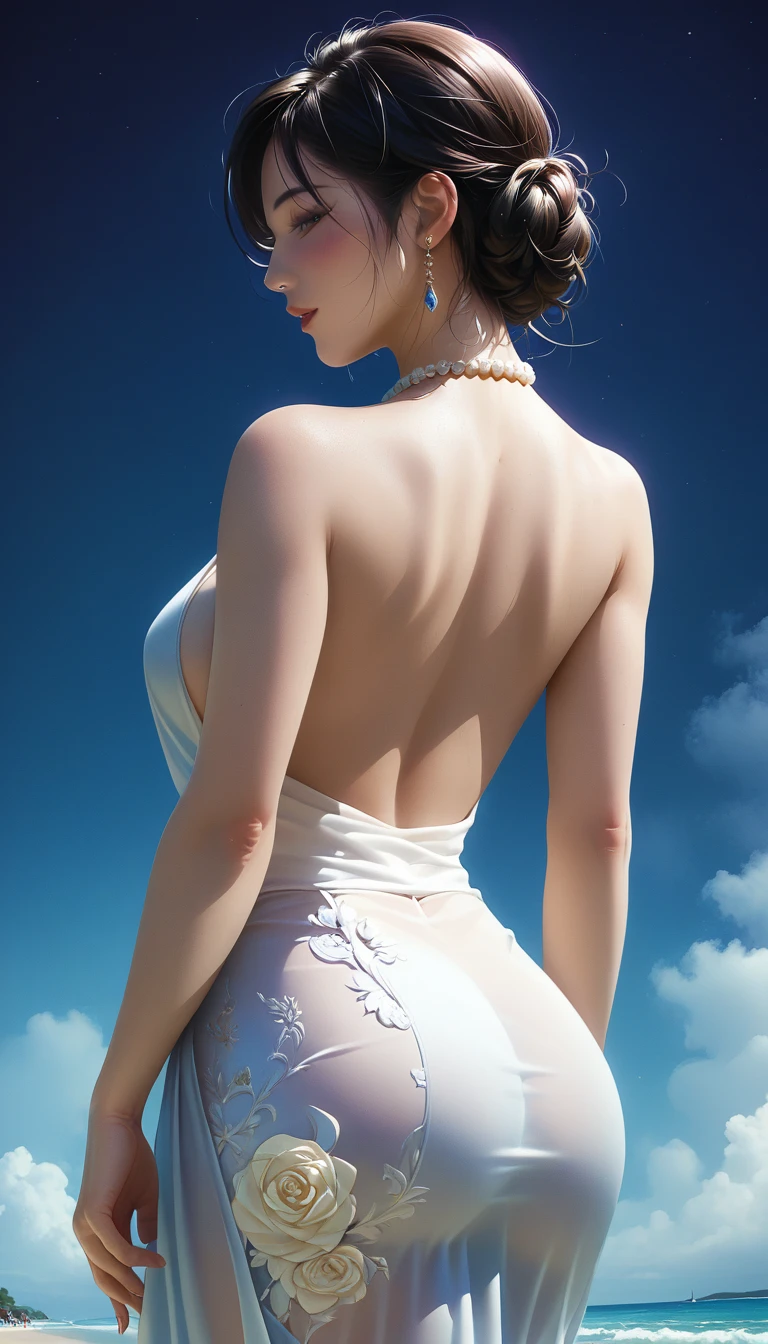 score_9, score_8_superior, score_7_superior, Masterpieces with up to 16K resolution,Highest quality,it is really amazing,Very detailed,Ultra-high resolution,(Ultra-realistic:1.1),(Realistic:1.1),Increased depth of field,Cinematic lighting,
Elegant Japanese MILF,
Long black hair,Ultra-detailed and beautiful faces,Translucent white skin,Very detailedな肌,
(Elegant resort dresses:1.1),
Bold design,Artistic design,Beautiful and detailed pattern,Detailed fabric texture,
Gorgeous necklace,Earrings,
(Bali Beach:1.1),(Dark beach at night:1.1),(Deserted beach:1.1),(A pitch black night sky with dark clouds:1.1),
(Beautiful back view:1.1),
