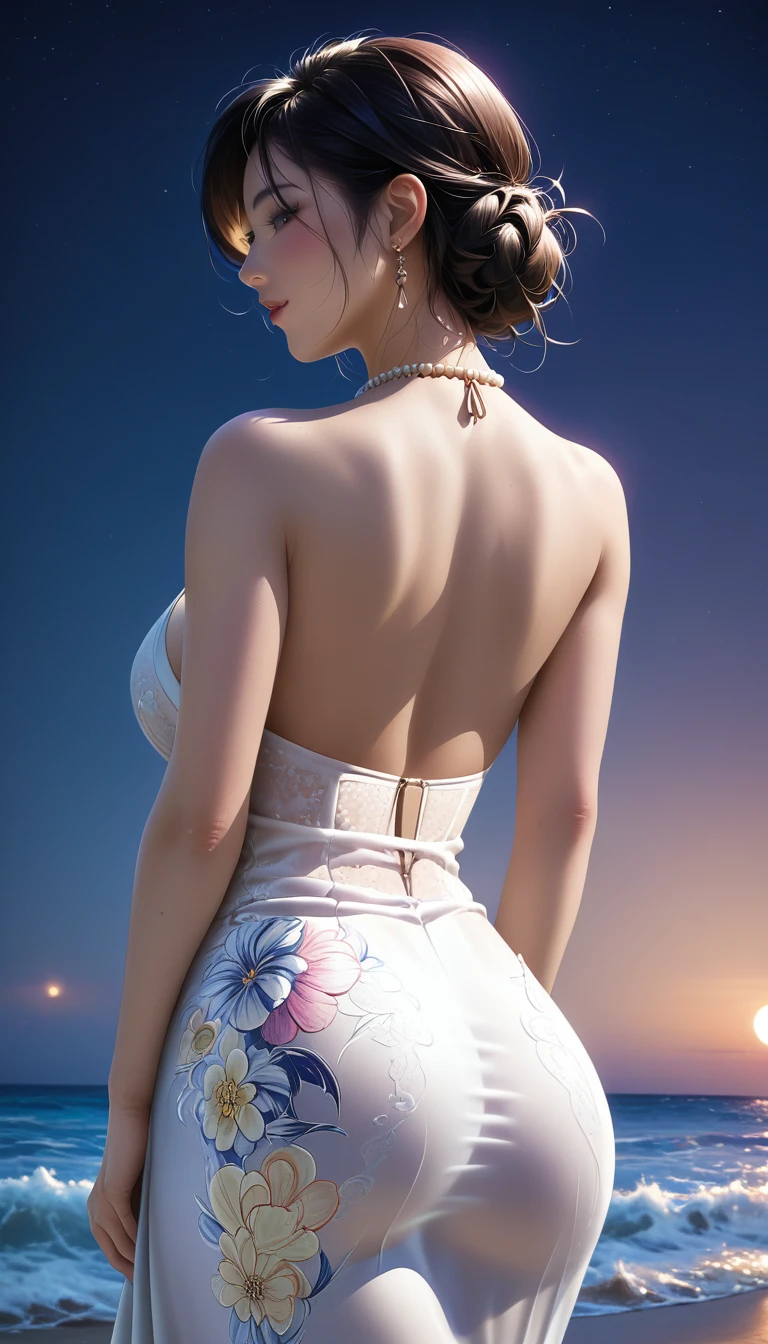 score_9, score_8_superior, score_7_superior, Masterpieces with up to 16K resolution,Highest quality,it is really amazing,Very detailed,Ultra-high resolution,(Ultra-realistic:1.1),(Realistic:1.1),Increased depth of field,Cinematic lighting,
Elegant Japanese MILF,
Long black hair,Ultra-detailed and beautiful faces,Translucent white skin,Very detailedな肌,
(Elegant resort dresses:1.1),
Bold design,Artistic design,Beautiful and detailed pattern,Detailed fabric texture,
Gorgeous necklace,Earrings,
(Bali Beach:1.1),(Dark beach at night:1.1),(Deserted beach:1.1),(A pitch black night sky with dark clouds:1.1),
(Beautiful back view:1.1),
