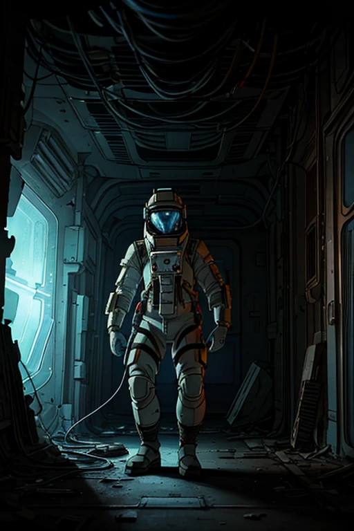 masterpiece, great detail, Astronaut Soldier, looking straight ahead, White uniform, armor scifi, Alone, abandoned spaceship, wrecked ship, low light, destroyed hallways, Cables, Cables, Lights, darkness, tenacles,tentacles