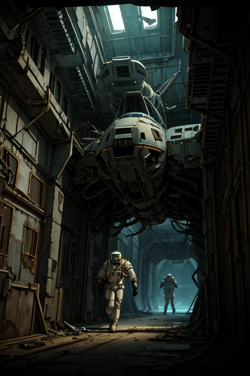 masterpiece, great detail, Astronaut Soldier, looking straight ahead, White uniform, armor scifi, Alone, abandoned spaceship, wrecked ship, low light, destroyed hallways, Cables, Cables, Lights, darkness, tenacles,tentacles