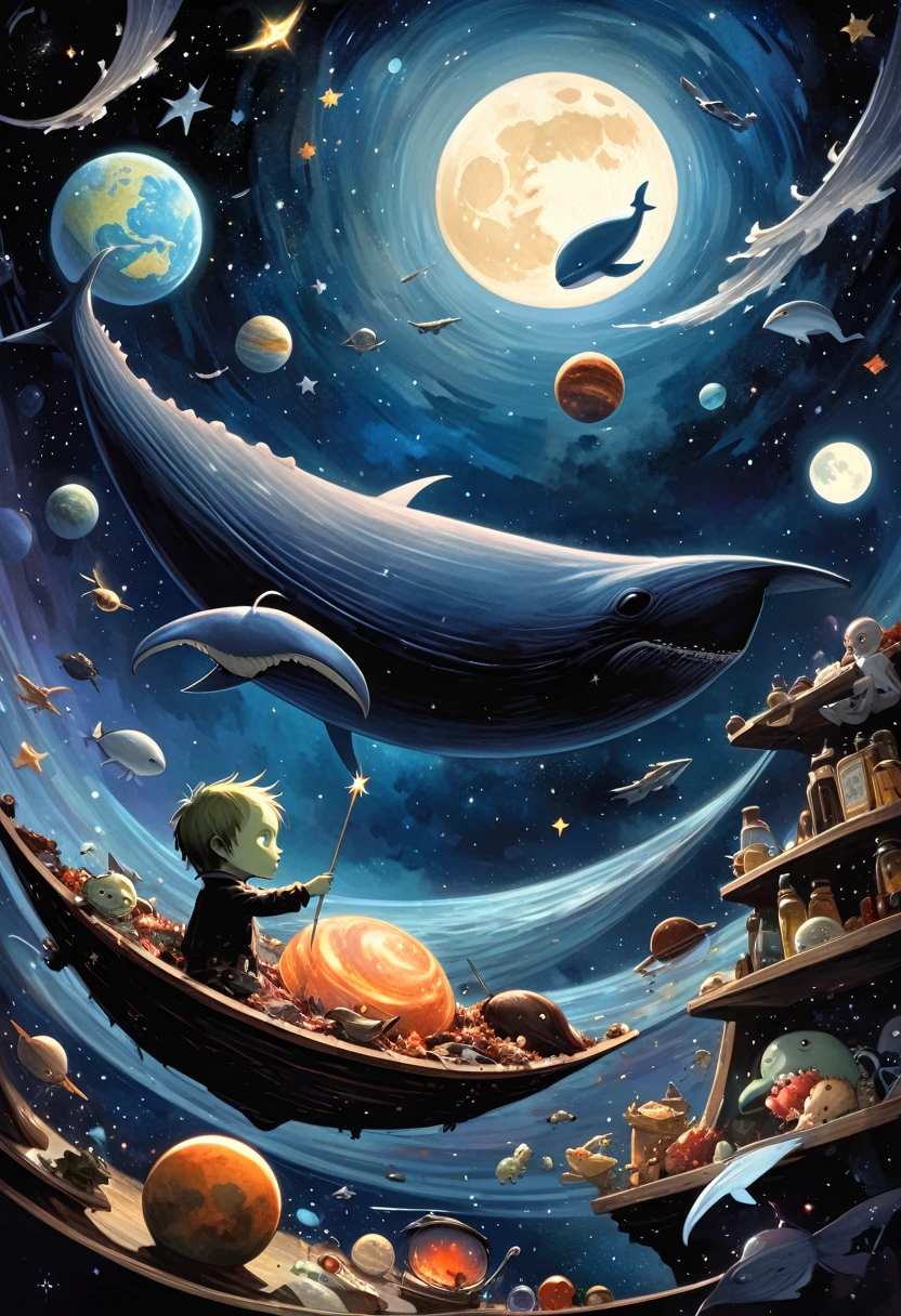 alone, in the space, one Zombie whale, alone, flying whale, rotting meat, whale flies through outer space,magic, fantastic, night sky, moon, stars whale flies between planets and stars, (simple oil painting in the style of Dave McKean)
