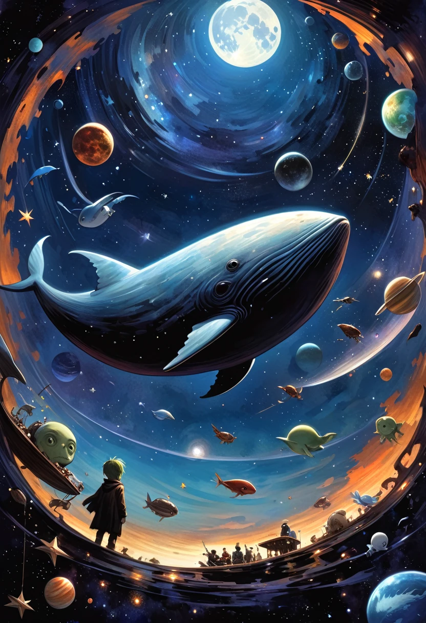 alone, in the space, one Zombie whale, alone, flying whale, rotting meat, whale flies through outer space,magic, fantastic, night sky, moon, stars whale flies between planets and stars, (simple oil painting in the style of Dave McKean)

