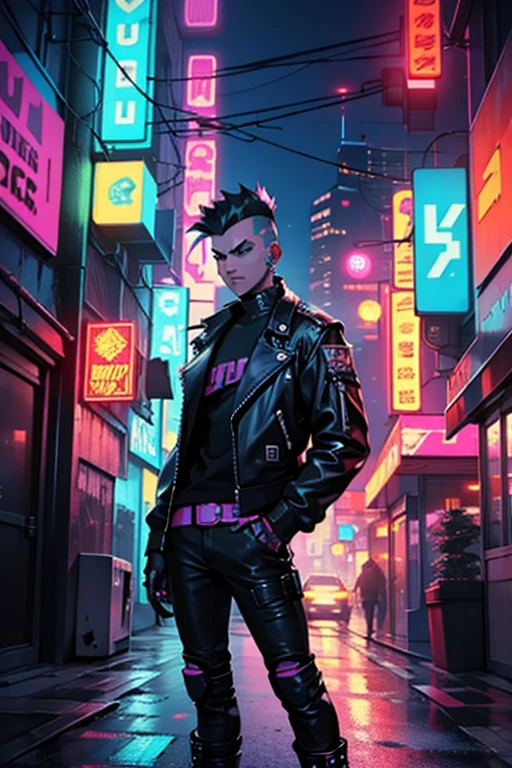 An image of a punk with a mohawk, dressed in a leather jacket with studs, in a futuristic style. The punk is standing against the backdrop of a sci-fi city with neon lights and cyberpunk elements. In the top right corner, the image features a bright, striking inscription 'НАУЧПАНК' in Russian, styled in cyberpunk with neon colors.