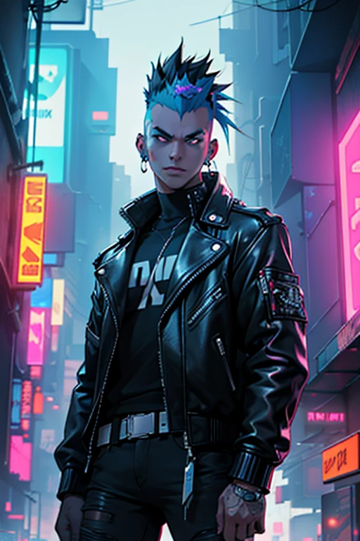 An image of a punk with a mohawk, dressed in a leather jacket with studs, in a futuristic style. The punk is standing against the backdrop of a sci-fi city with neon lights and cyberpunk elements. In the top right corner, the image features a bright, striking inscription 'НАУЧПАНК' in Russian, styled in cyberpunk with neon colors.