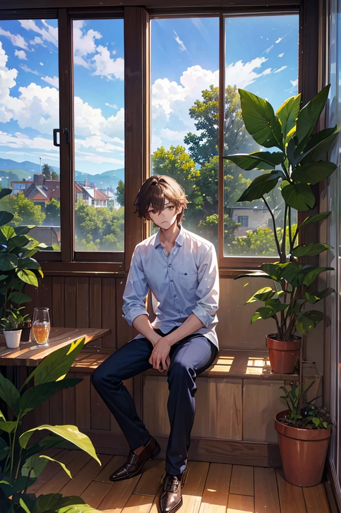 (One handsome man), 20-year-old, detailed explanation, Brown Hair, Wolf Hair, (Casual clothing), In front of a large window, (Sit facing the window), （Cafe staff）, Backward view, Inside the room, Hardwood Floors, Bookshelf, Foliage plant, Big cloud outside the window, Portraiture,（Beautiful composition）,Highest quality,pastel colour