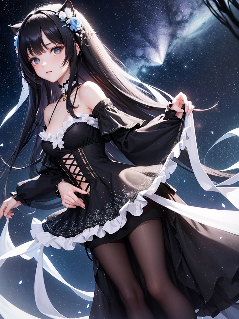 A delicate, graceful young woman with long, flowing, straight black hair and cat ears. She wears an intricately patterned blue mini-skirt dress with off-the-shoulder sleeves and a fitted bodice. The background is a dreamy night sky with petals floating in the air, a fantastic and ethereal atmosphere. Her expression is gentle, enchanting, and slightly fantastical, and the angle is from below.