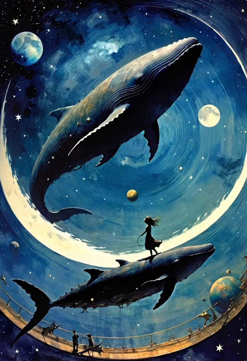 alone, in the space, one Zombie whale, alone, flying whale, rotting meat, whale flies through outer space,magic, fantastic, night sky, moon, stars whale flies between planets and stars, (simple oil painting in the style of Dave McKean)
