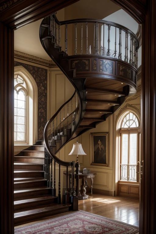 An elegant Victorian-style castle in a main room inside with stairs on the left side facing forward , the entire image in frontal plane, with realistic photo detail, no lens distortion real colors and stairs in the foreground