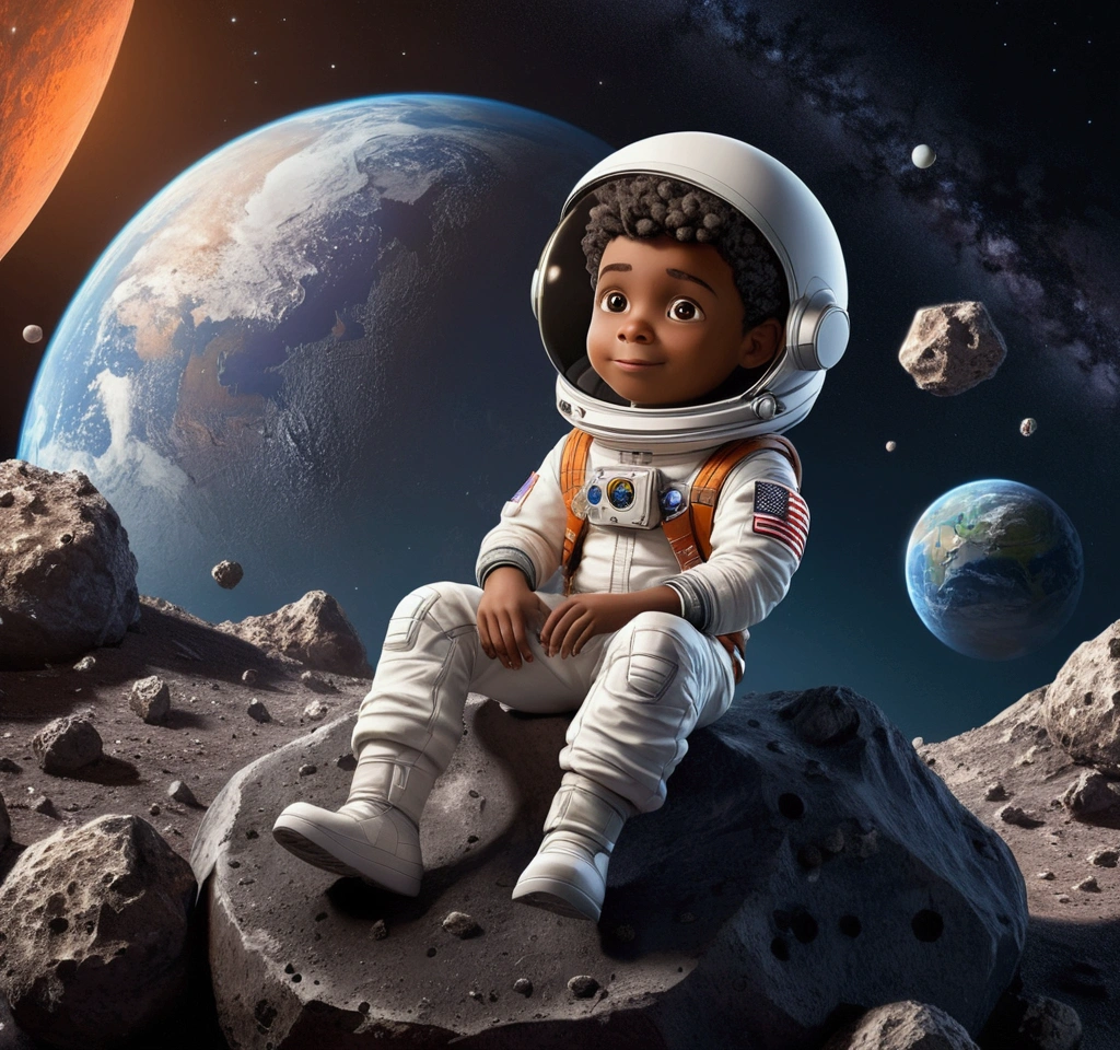 3d characters, astronaut clothing, (full body: 1.2), simple background, First job, better quality, (gradient background: 1.1), 1 man, Drawing of a 6 year old boy with brown skin., and a black-eyed programmer, Sitting on a research platform floating in the middle of an asteroid belt, watching over Earth.