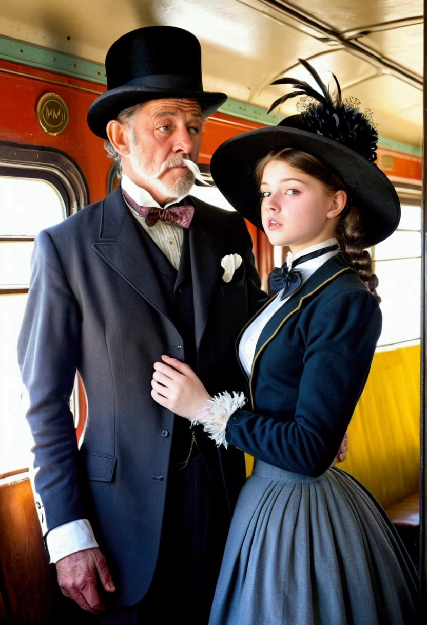 Year 1901. A pretty 14yo brunette teenage Gibson Girl dry-humped and fondled by a horny 69yo gentleman inside a train car. The girl wears a Victorian high-collar long sleeve shirtwaist, floor-length skirt and a wide-brimmed picture hat topped with feathers, ribbons and flowers, wasp waist, large bubble butt, gorgeous face, long hair styled into a pompadour. The aged man wears a three-piece business suit with a starched collar and a bowler hat. The girl bites her bottom lip. (((1 man, 1 girl, NSFW))). Man rubs himself against girl's ass.