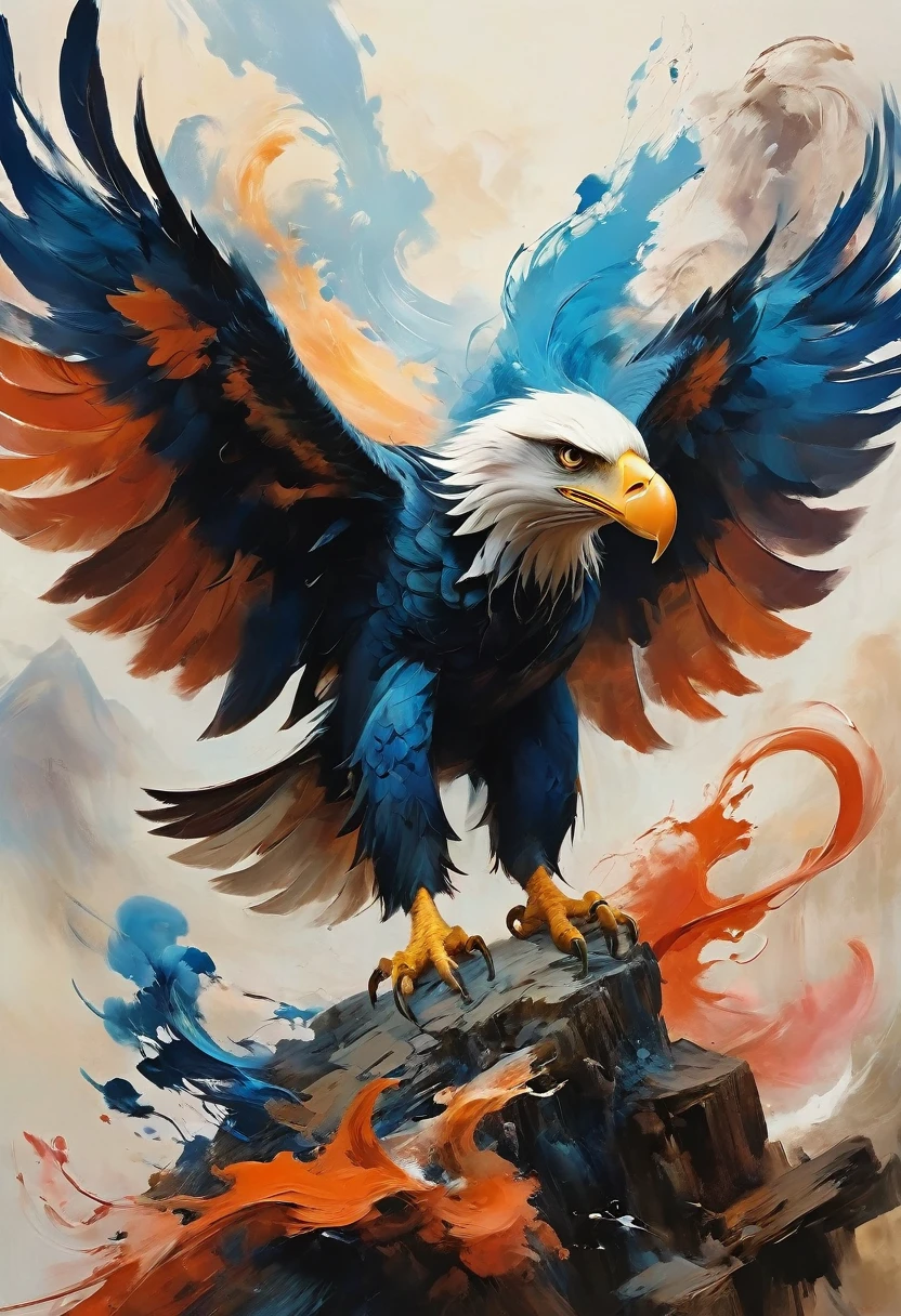 "Visualize an interpretation of an eagle. To capture its movement and energy in a unique and abstract way. Incorporate bold colors and sharp angles, to convey a feeling of movement and tension. Play with perspective and layering, to create a multidimensional composition, which questions traditional notions of space and form. Be inspired by the avant-garde spirit and see nature in a fresh and innovative light.. Unleash your creativity, as you bring this imaginative scene to life on the screen
