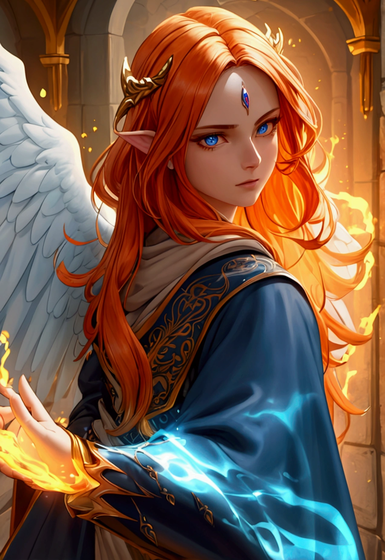 arafed high details, best quality, 16k, (ultra detailed: 1.5), masterpiece, best quality, (extremely detailed), dynamic angle, ultra wide shot, photorealistim, RAW, fantasy art, dnd art, fantasy art, realistic art, a wide angle picture of a female aasimar sorceress casting a fire spell, full body  (intense details, Masterpiece, best quality), D&D aasimar, exremley beautiful female aasimar, orange hair, long hair, wavy hair, dynamic eyes color, angelic eyes, radiant magical eyes, ultra detailed face (intense details, Masterpiece, best quality), spread angelic wings, white angelic wings (intense details, Masterpiece, best quality),  wearing [black] robe, wearing blue cloak, long cloak, flowing cloak with fire motifs (intense details, Masterpiece, best quality), armed with magical staff (intense details, Masterpiece, best quality), manipulating fire magical energy (intense details, Masterpiece, best quality), controlling lightning, dark fantasy magical tower background, evil temple background (intense details, Masterpiece, best quality)
