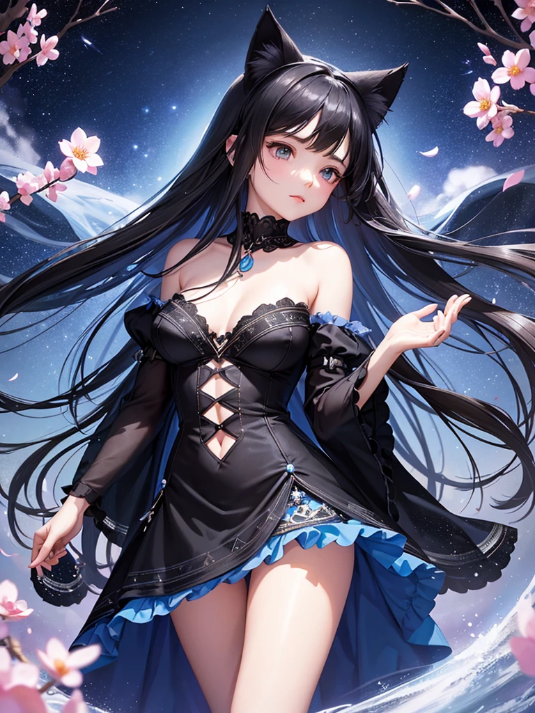 A delicate, graceful young woman with long, flowing, straight black hair and cat ears. She wears an intricately patterned blue mini-skirt dress with off-the-shoulder sleeves and a fitted bodice. The background is a dreamy night sky with petals floating in the air, a fantastic and ethereal atmosphere. Her expression is gentle, enchanting, and slightly fantastical, and the angle is from below.