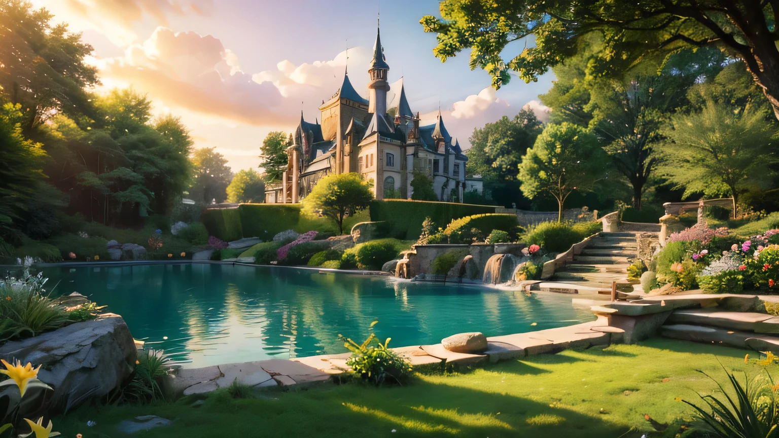 fairytale castle ornamented fantasy garden,sunrise and sunbeams,hazy and misty,fountains pools fish lilies bogwood insects rocks plants flowers shrubs trees moss lawns grass,extreme details,photorealistic,4k,HD,beautiful,nature,