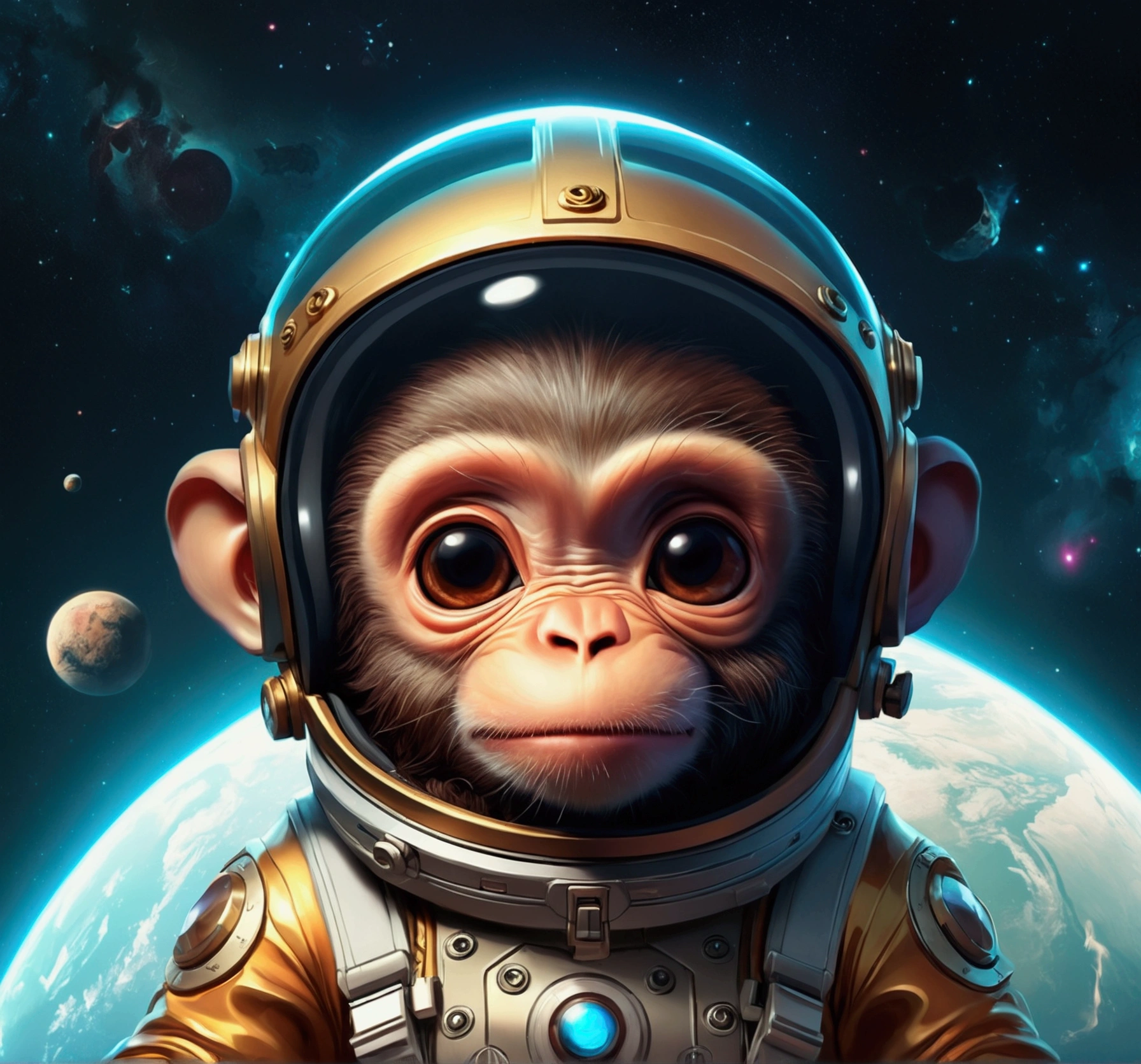 Chibi adorable cuddly monkey floating in space, wearing a glass helmet, moody, grainy, noisy, concept art, by Alberto Seveso, Cyril Rolando, Dan Mumford, Meaningful Visual Art, Detailed Painting, Digital Illustration, Unreal Engine 5, 32k maximalist, hyperdetailed fantasy art, 3d digital art, sharp focus, masterpiece, fine art